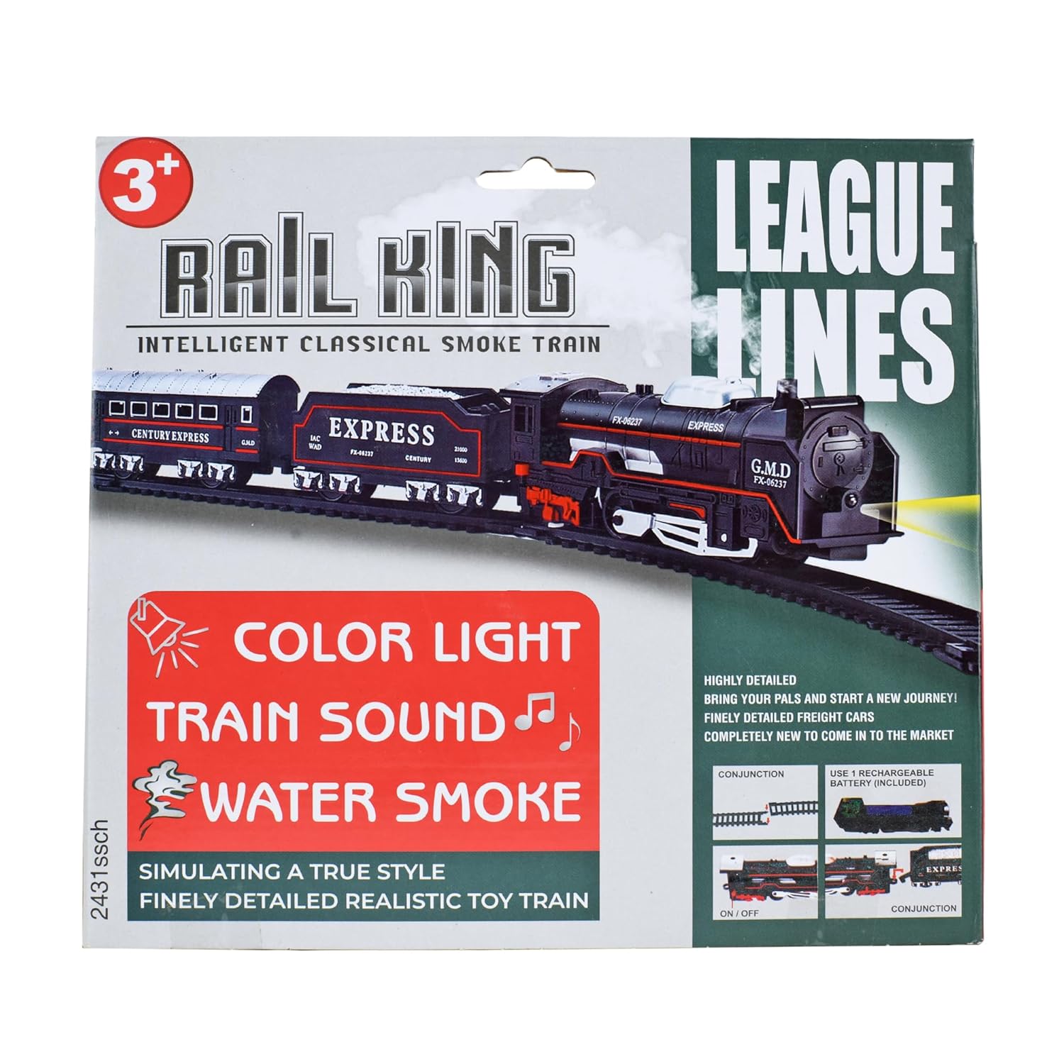 Braintastic Rail King Electric Train Set for Kids|16-Piece Classic Track Set with Light, Sound & Smoke|Rechargeable Battery Operated Track Train Toy for Boys & Girls