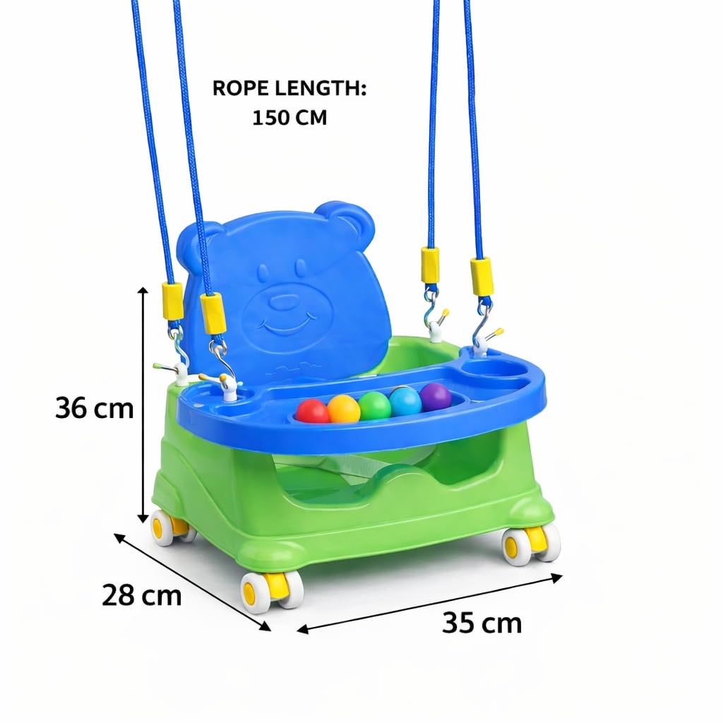Braintastic Baby Booster Seat Cum Hanging Swing for Kids | 2-in-1 Toddler Feeding Chair with Tray, Rope and Wheels | Plastic Baby Seat for Infants 6 Months to 3 Years (Green)