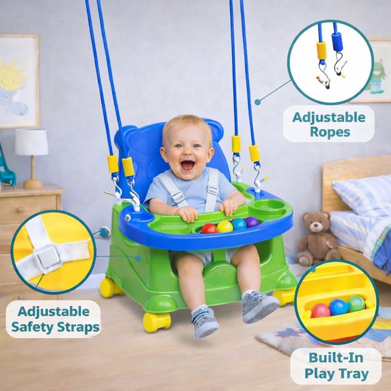 Braintastic Baby Booster Seat Cum Hanging Swing for Kids | 2-in-1 Toddler Feeding Chair with Tray, Rope and Wheels | Plastic Baby Seat for Infants 6 Months to 3 Years (Green)