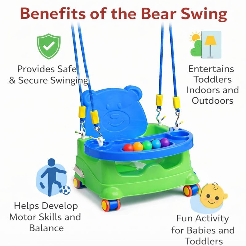 Braintastic Baby Booster Seat Cum Hanging Swing for Kids | 2-in-1 Toddler Feeding Chair with Tray, Rope and Wheels | Plastic Baby Seat for Infants 6 Months to 3 Years (Green)