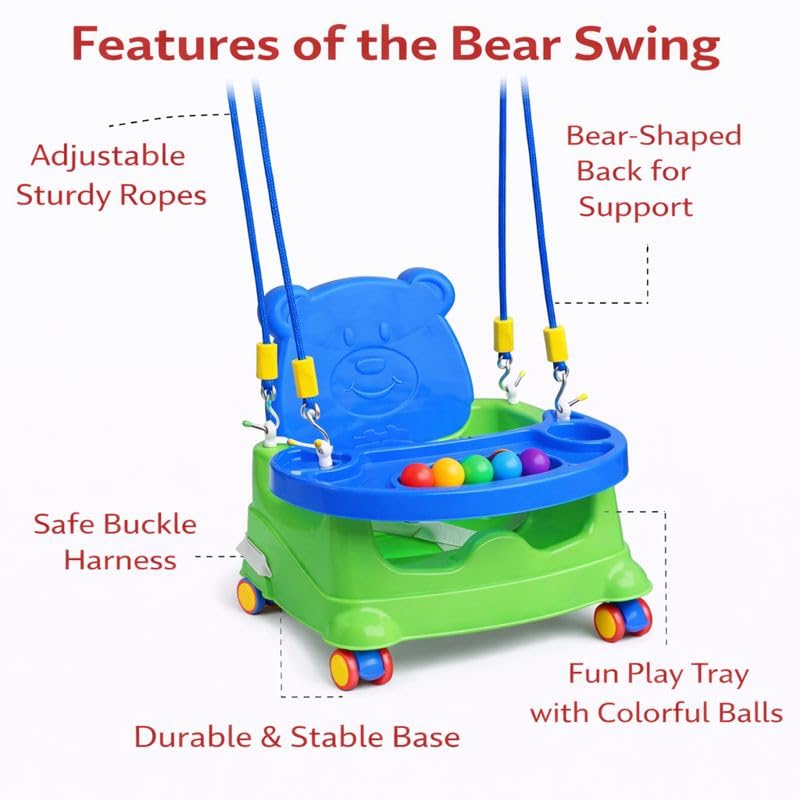 Braintastic Baby Booster Seat Cum Hanging Swing for Kids | 2-in-1 Toddler Feeding Chair with Tray, Rope and Wheels | Plastic Baby Seat for Infants 6 Months to 3 Years (Green)