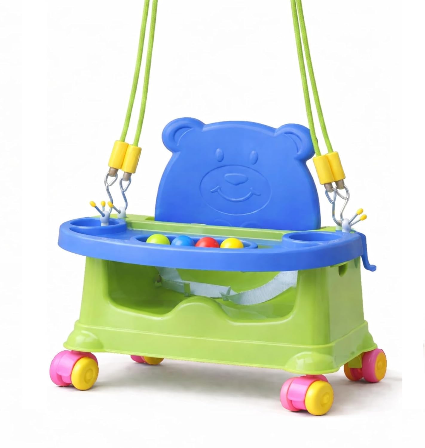Braintastic Baby Booster Seat Cum Hanging Swing for Kids | 2-in-1 Toddler Feeding Chair with Tray, Rope and Wheels | Plastic Baby Seat for Infants 6 Months to 3 Years (Green)