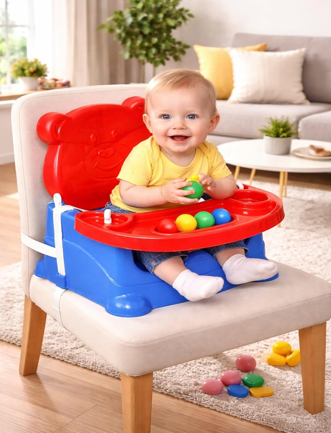 Braintastic Baby Booster Seat Cum Feeding High Chair 6-in-1 | Toddler Floor Seat, Dining Chair & Play Seat | Detachable Tray, Safety Support | Blue & Red