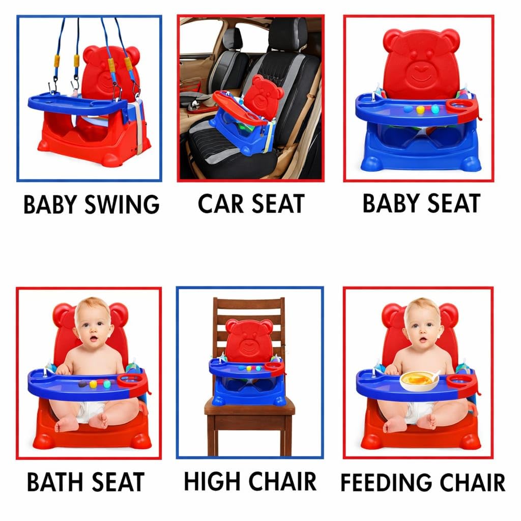 Braintastic Baby Booster Seat Cum Feeding High Chair 6-in-1 | Toddler Floor Seat, Dining Chair & Play Seat | Detachable Tray, Safety Support | Blue & Red
