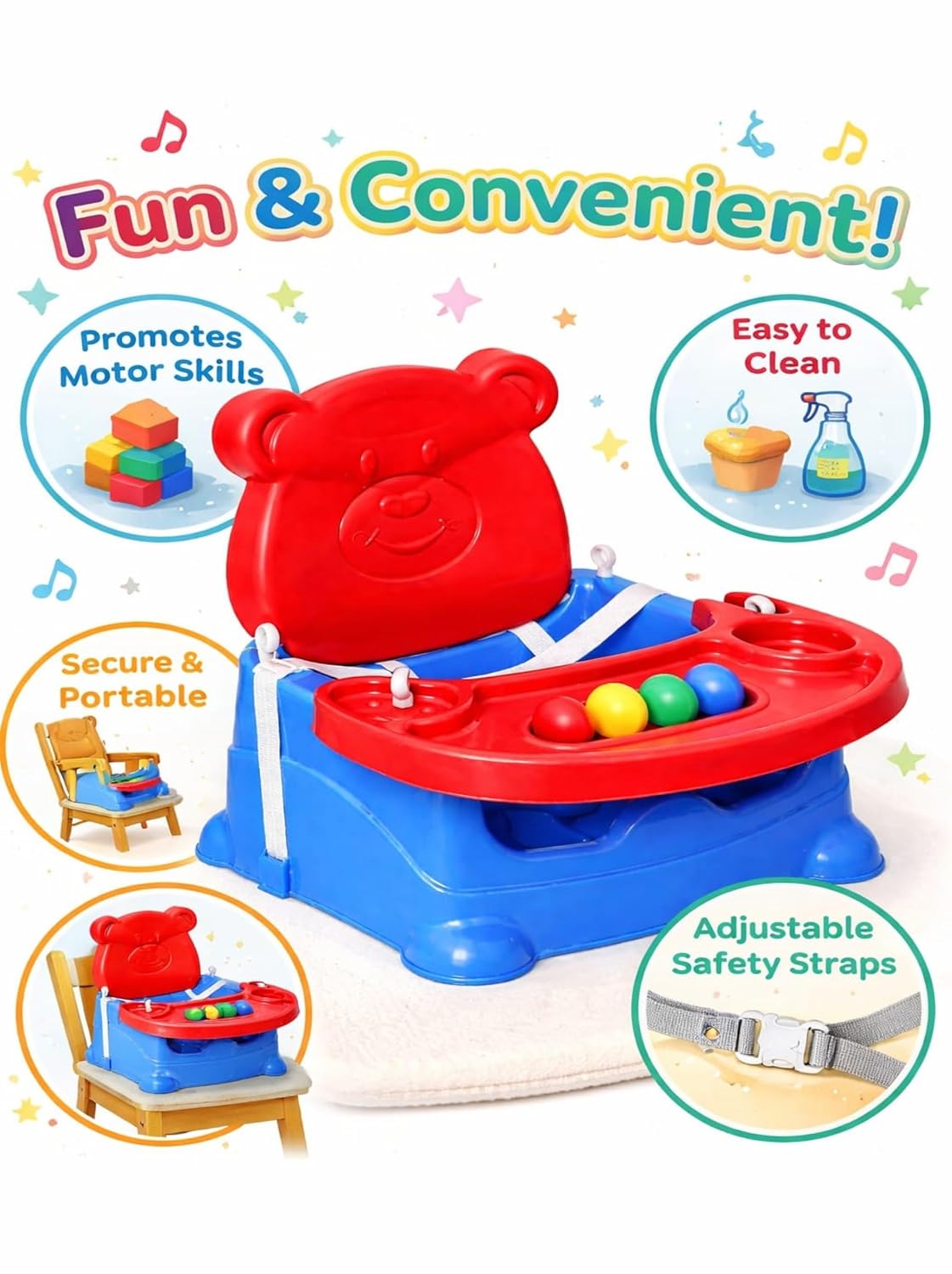 Braintastic Baby Booster Seat Cum Feeding High Chair 6-in-1 | Toddler Floor Seat, Dining Chair & Play Seat | Detachable Tray, Safety Support | Blue & Red