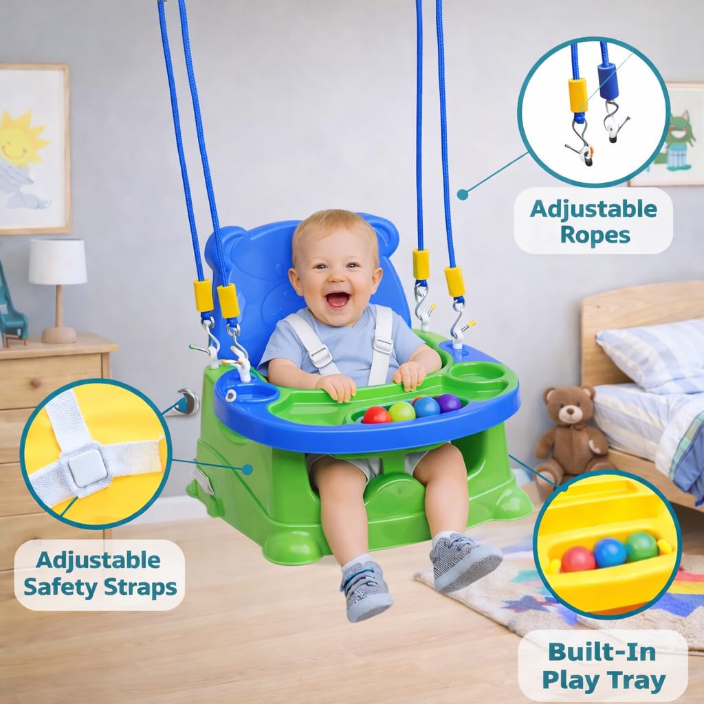 Braintatsic Baby Booster Seat Cum Feeding High Chair 6-in-1 | Toddler Floor Seat, Dining Chair & Play Seat | Detachable Tray, Safety Support |Green & Blue