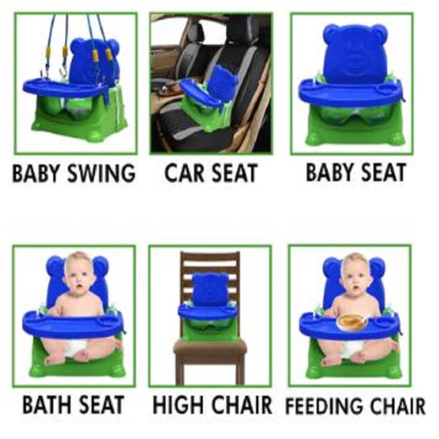 Braintatsic Baby Booster Seat Cum Feeding High Chair 6-in-1 | Toddler Floor Seat, Dining Chair & Play Seat | Detachable Tray, Safety Support |Green & Blue