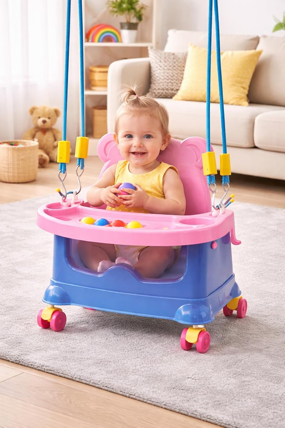 Braintastic Baby Booster Seat Cum Hanging Swing for Kids | 2-in-1 Multipurpose Toddler Feeding Chair with Tray, Rope & Wheels | Safe Plastic Baby Seat (6 Months–3 Years) (Pink Blue Wheel)