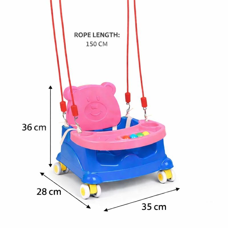 Braintastic Baby Booster Seat Cum Hanging Swing for Kids | 2-in-1 Multipurpose Toddler Feeding Chair with Tray, Rope & Wheels | Safe Plastic Baby Seat (6 Months–3 Years) (Pink Blue Wheel)