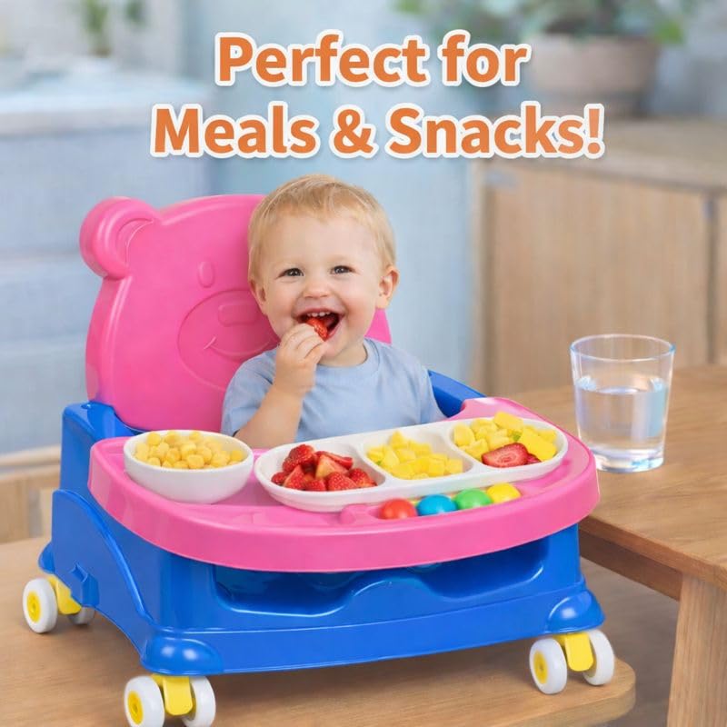 Braintastic Baby Booster Seat Cum Hanging Swing for Kids | 2-in-1 Multipurpose Toddler Feeding Chair with Tray, Rope & Wheels | Safe Plastic Baby Seat (6 Months–3 Years) (Pink Blue Wheel)