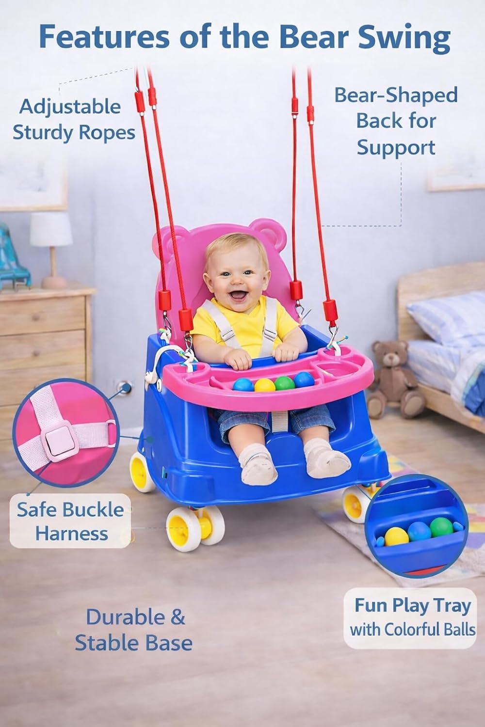 Braintastic Baby Booster Seat Cum Hanging Swing for Kids | 2-in-1 Multipurpose Toddler Feeding Chair with Tray, Rope & Wheels | Safe Plastic Baby Seat (6 Months–3 Years) (Pink Blue Wheel)