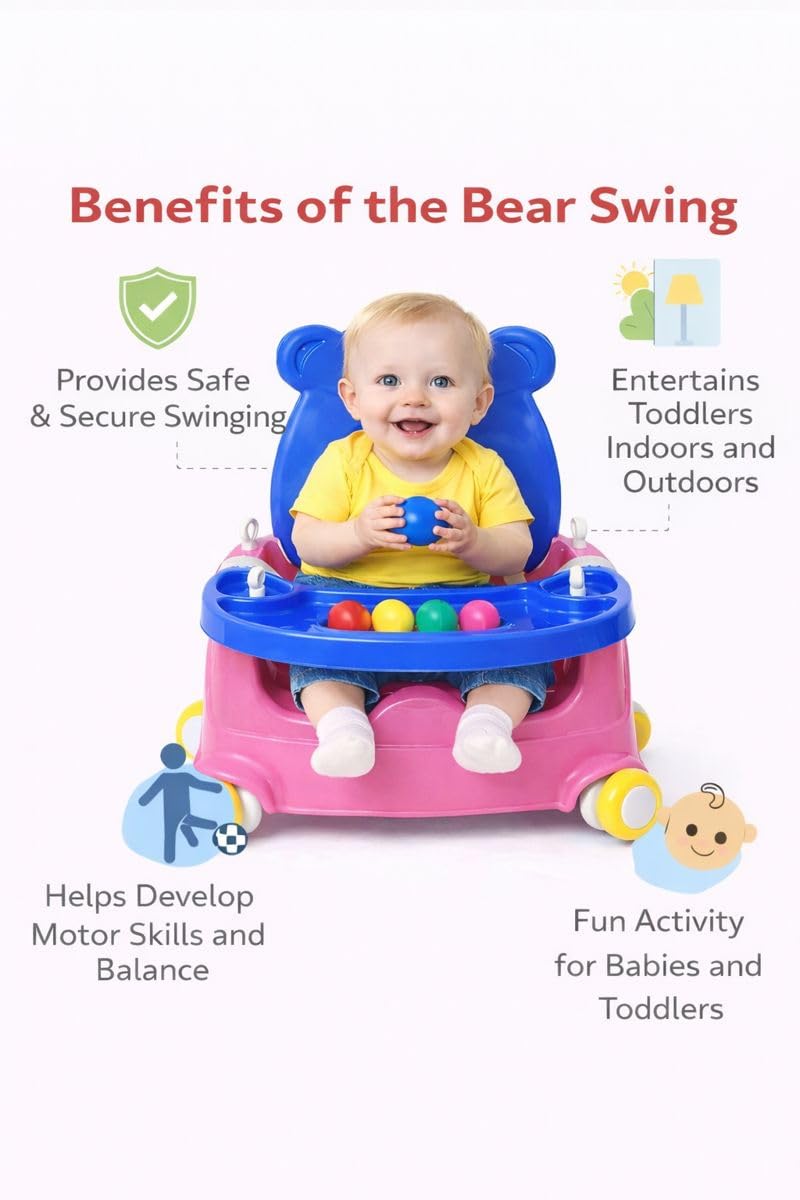 Braintastic Baby Booster Seat Cum Hanging Swing for Kids | 2-in-1 Multipurpose Toddler Feeding Chair with Tray, Rope & Wheels | Safe Plastic Baby Seat (6 Months–3 Years) (Pink Blue Wheel)