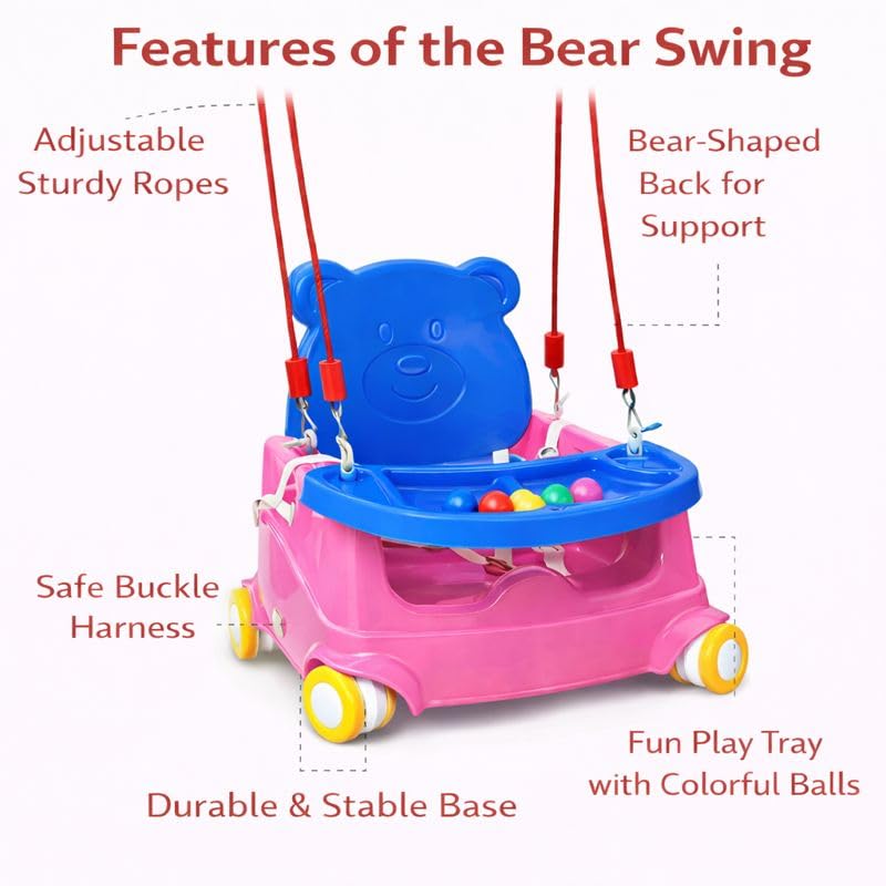 Braintastic Baby Booster Seat Cum Hanging Swing for Kids | 2-in-1 Multipurpose Toddler Feeding Chair with Tray, Rope & Wheels | Safe Plastic Baby Seat (6 Months–3 Years) (Pink Blue Wheel)