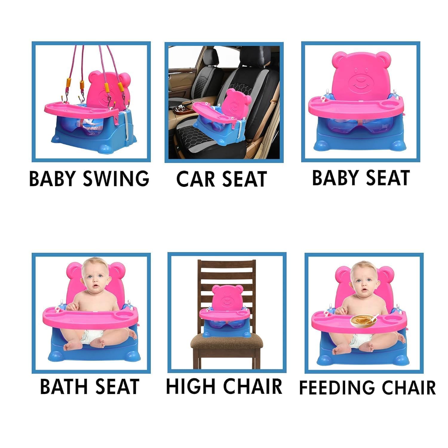 Braintastic Baby Booster Seat Cum Hanging Swing for Kids | 2-in-1 Multipurpose Toddler Feeding Chair with Tray, Rope & Wheels | Safe Plastic Baby Seat (6 Months–3 Years) (Pink Blue Wheel)