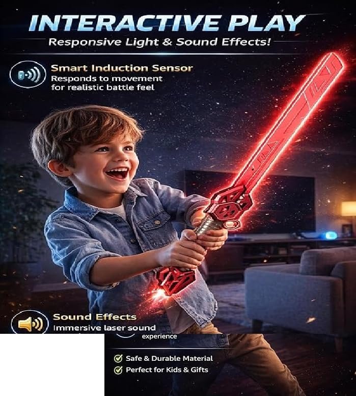 Braintastic Kids Laser Sword Toy with 14 Color Changing Lights & Sound Effects | Motion Sensor Induction Toy Sword | Role Play Action Toy for Boys & Girls | Large Size 61.5 cm | Gift for Kids Age 6+
