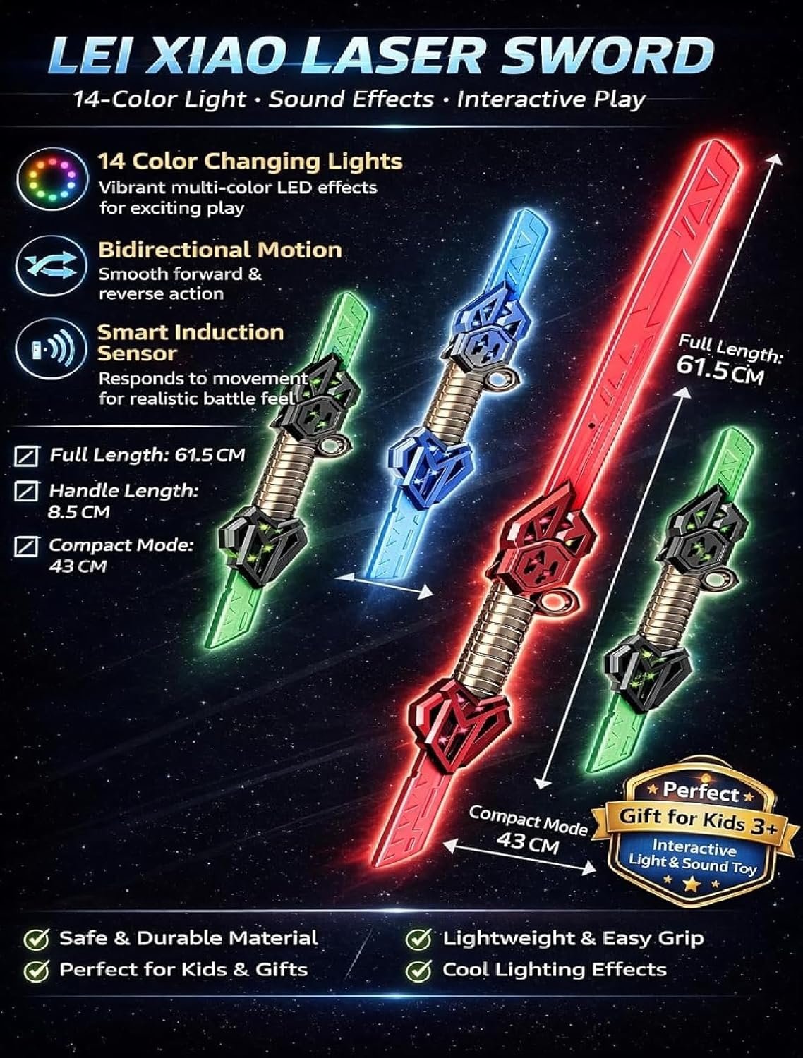 Braintastic Kids Laser Sword Toy with 14 Color Changing Lights & Sound Effects | Motion Sensor Induction Toy Sword | Role Play Action Toy for Boys & Girls | Large Size 61.5 cm | Gift for Kids Age 6+
