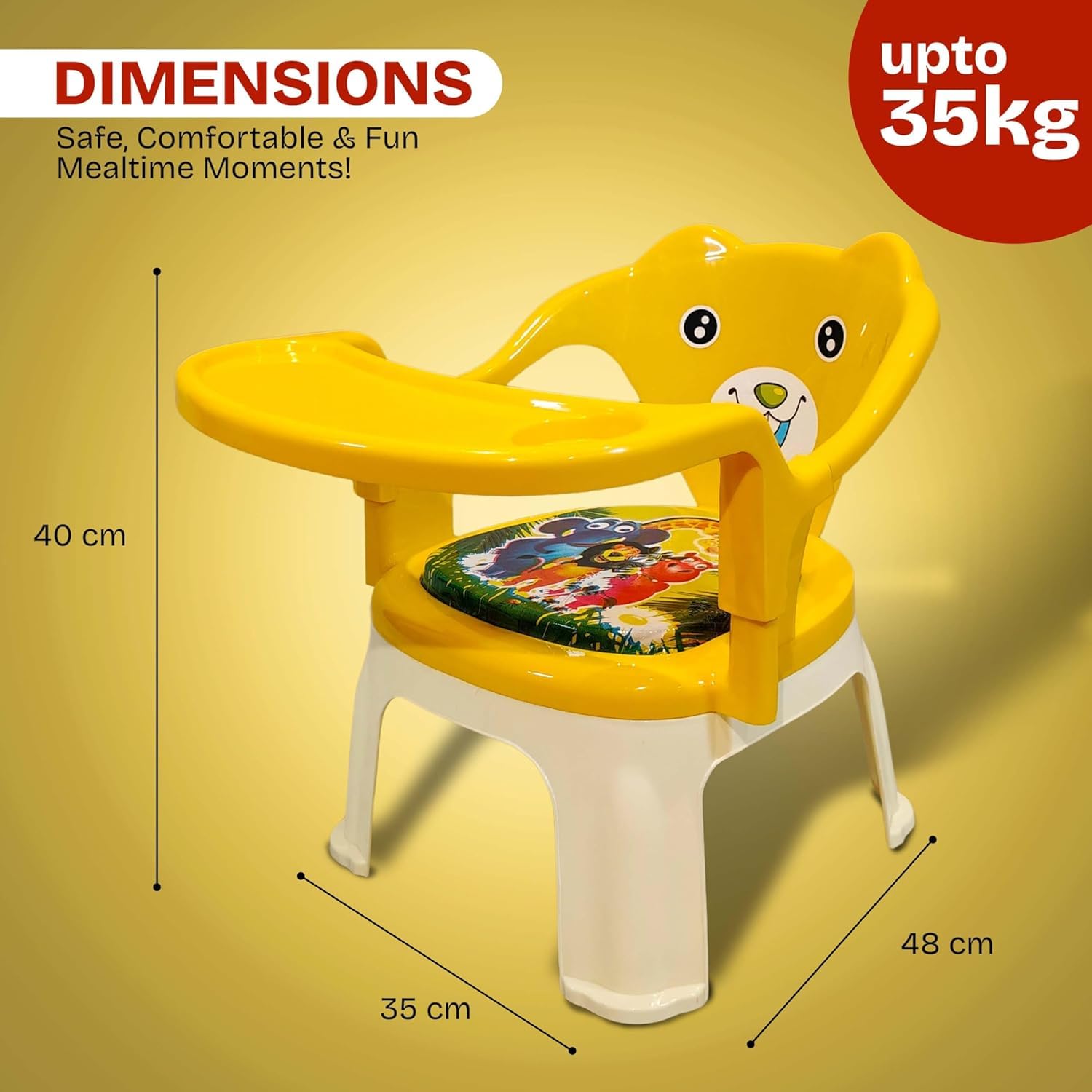 Braintastic Baby Feeding Chair with Removable Tray | Soft Cushion Seat High Backrest Teddy Bear Design | Portable Squeak Sound Chair for Toddlers 1–4 Years Up to 30 kg (Yellow)