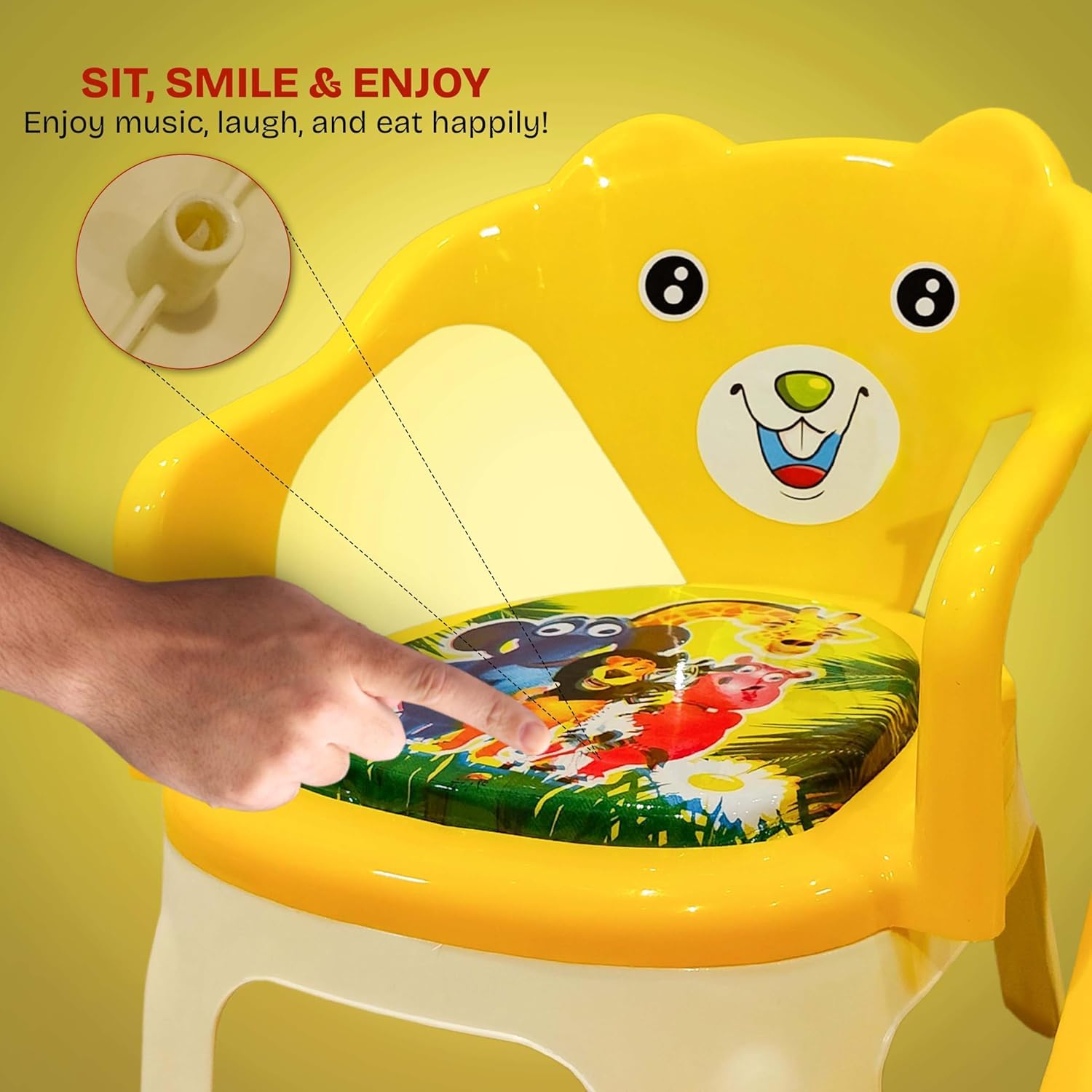 Braintastic Baby Feeding Chair with Removable Tray | Soft Cushion Seat High Backrest Teddy Bear Design | Portable Squeak Sound Chair for Toddlers 1–4 Years Up to 30 kg (Yellow)