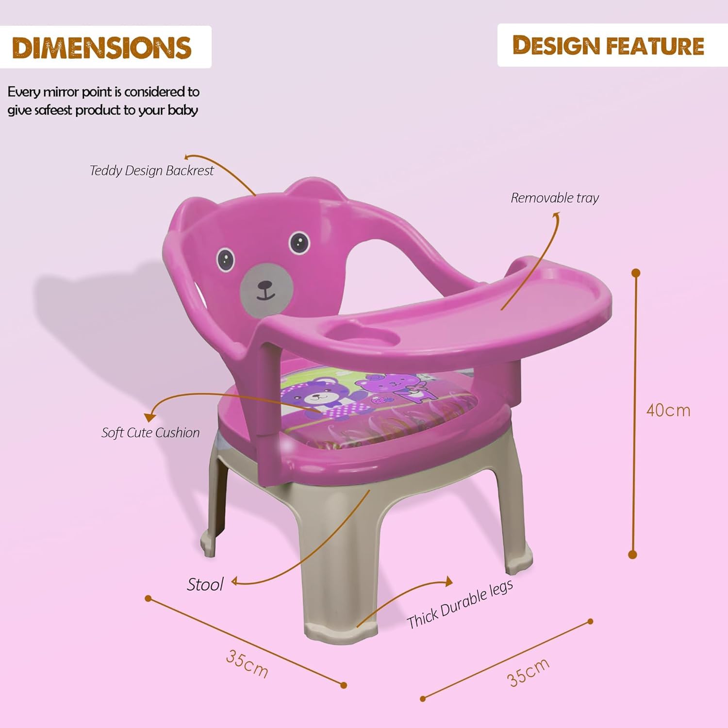 Braintastic Baby Feeding Chair with Removable Tray | Soft Cushion Seat High Backrest Teddy Bear Design | Portable Squeak Sound Chair for Toddlers 1–4 Years Up to 30 kg (Pink)