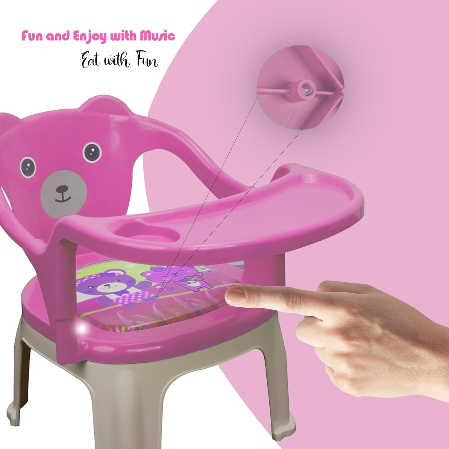 Braintastic Baby Feeding Chair with Removable Tray | Soft Cushion Seat High Backrest Teddy Bear Design | Portable Squeak Sound Chair for Toddlers 1–4 Years Up to 30 kg (Pink)
