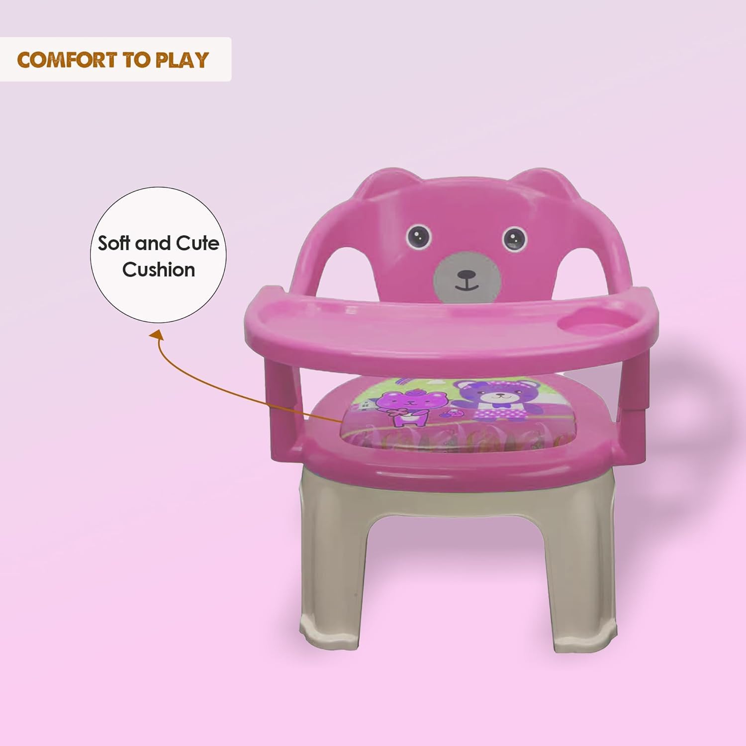 Braintastic Baby Feeding Chair with Removable Tray | Soft Cushion Seat High Backrest Teddy Bear Design | Portable Squeak Sound Chair for Toddlers 1–4 Years Up to 30 kg (Pink)