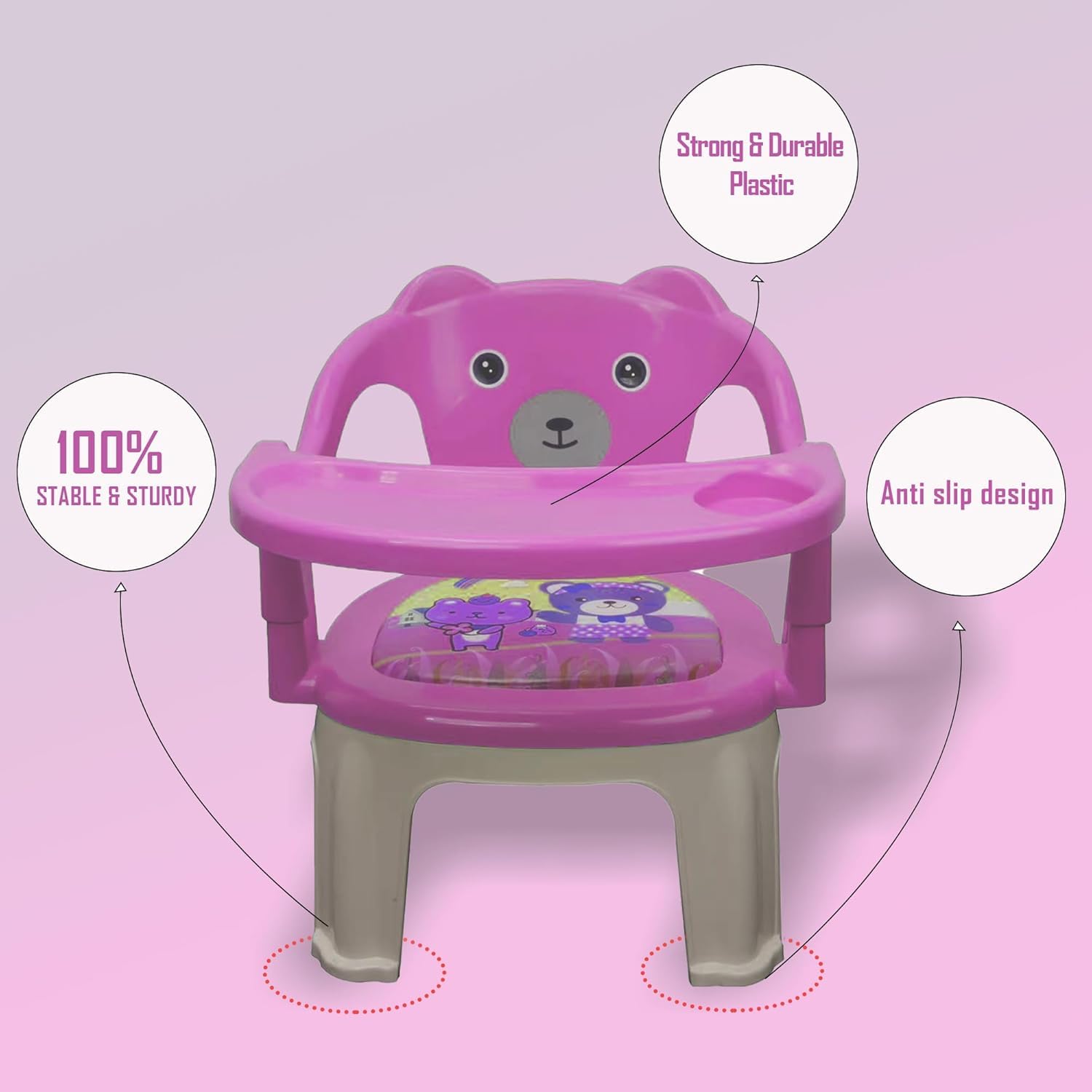 Braintastic Baby Feeding Chair with Removable Tray | Soft Cushion Seat High Backrest Teddy Bear Design | Portable Squeak Sound Chair for Toddlers 1–4 Years Up to 30 kg (Pink)