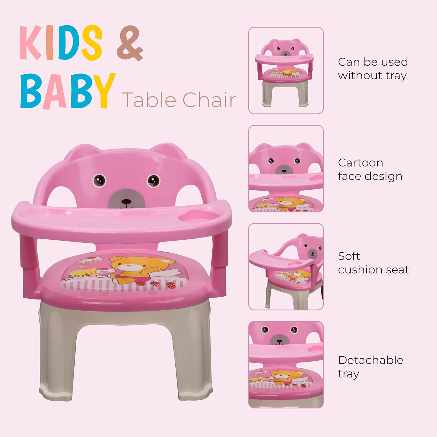 Braintastic Baby Feeding Chair with Removable Tray | Soft Cushion Seat High Backrest Teddy Bear Design | Portable Squeak Sound Chair for Toddlers 1–4 Years Up to 30 kg (Pink)