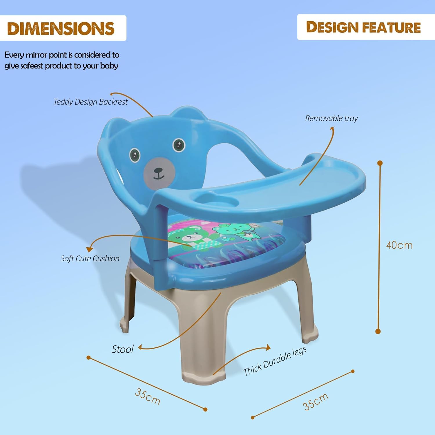 Braintastic Baby Feeding Chair with Removable Tray | Soft Cushion Seat High Backrest Teddy Bear Design | Portable Squeak Sound Chair for Toddlers 1–4 Years Up to 30 kg (Blue)