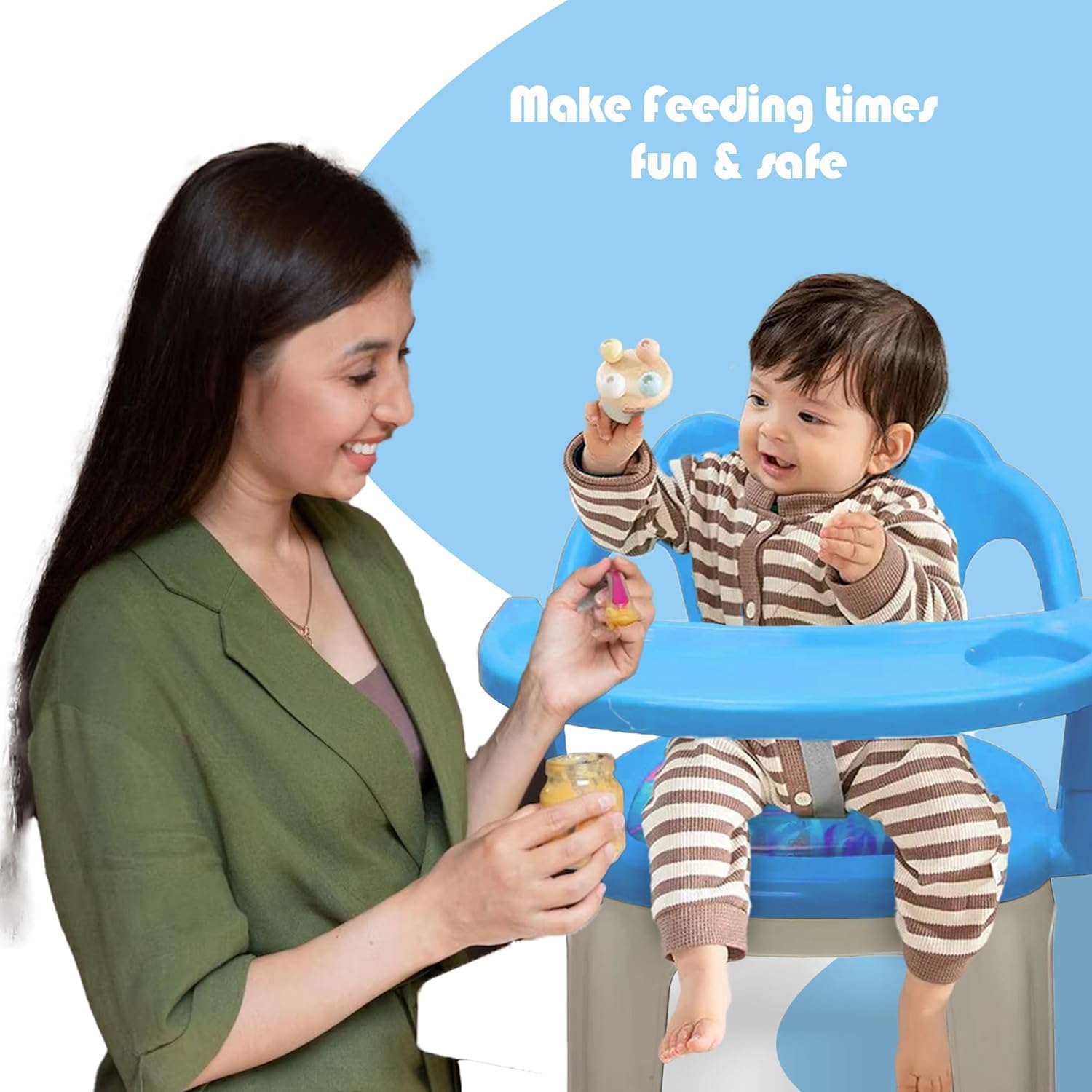 Braintastic Baby Feeding Chair with Removable Tray | Soft Cushion Seat High Backrest Teddy Bear Design | Portable Squeak Sound Chair for Toddlers 1–4 Years Up to 30 kg (Blue)