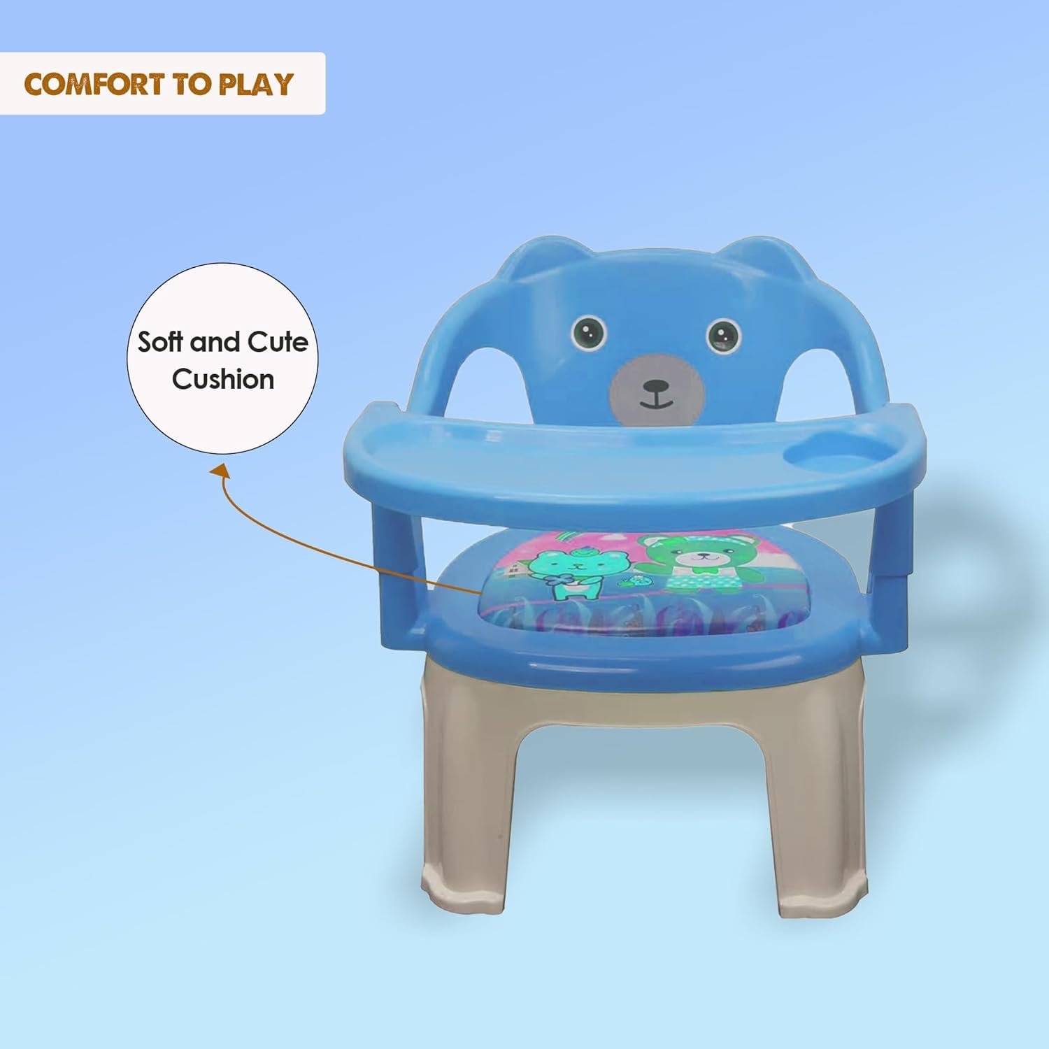 Braintastic Baby Feeding Chair with Removable Tray | Soft Cushion Seat High Backrest Teddy Bear Design | Portable Squeak Sound Chair for Toddlers 1–4 Years Up to 30 kg (Blue)