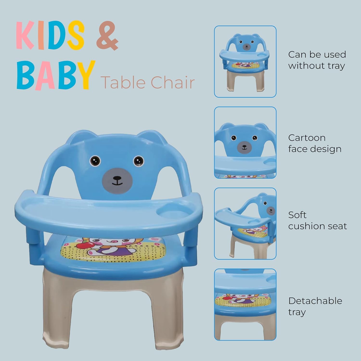 Braintastic Baby Feeding Chair with Removable Tray | Soft Cushion Seat High Backrest Teddy Bear Design | Portable Squeak Sound Chair for Toddlers 1–4 Years Up to 30 kg (Blue)