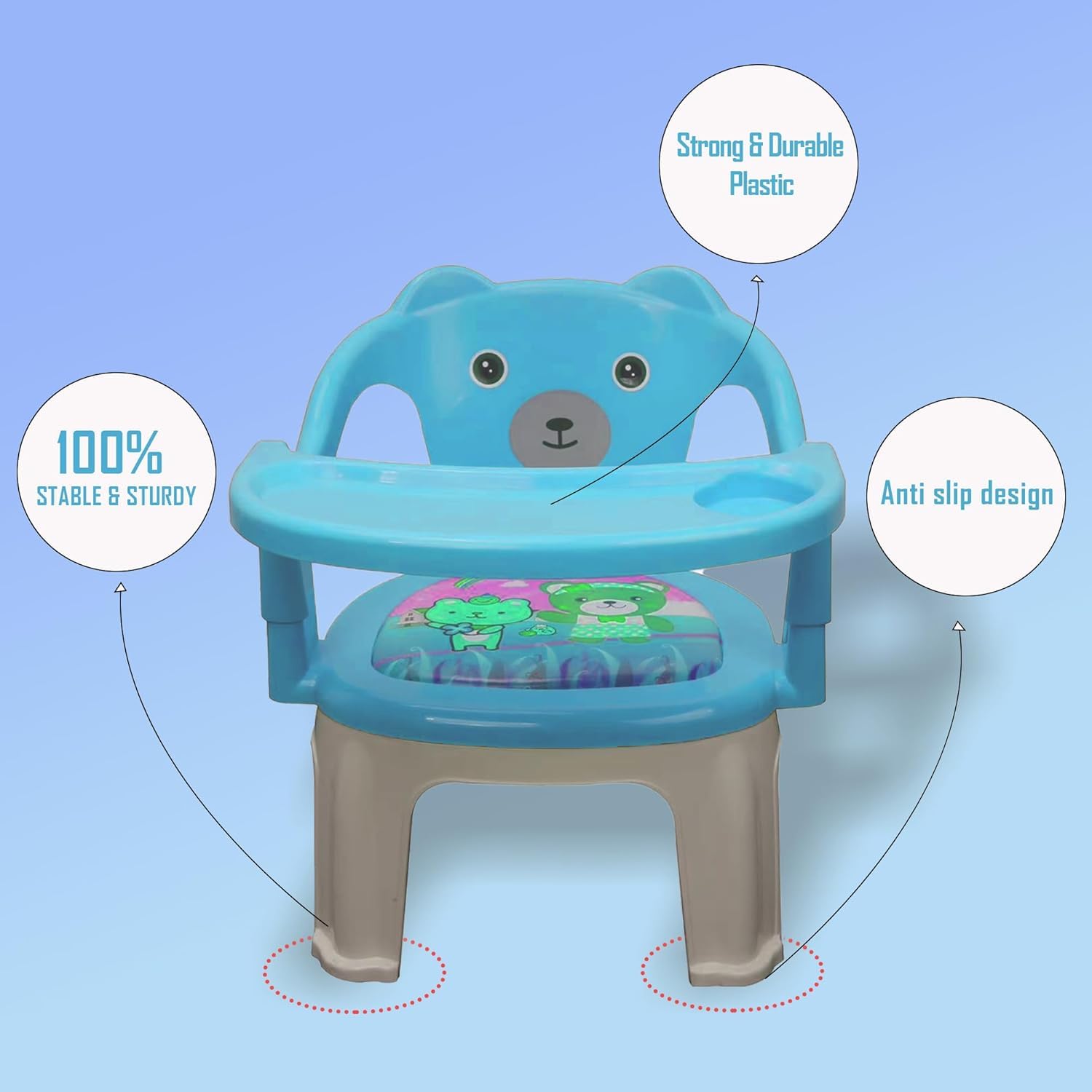 Braintastic Baby Feeding Chair with Removable Tray | Soft Cushion Seat High Backrest Teddy Bear Design | Portable Squeak Sound Chair for Toddlers 1–4 Years Up to 30 kg (Blue)