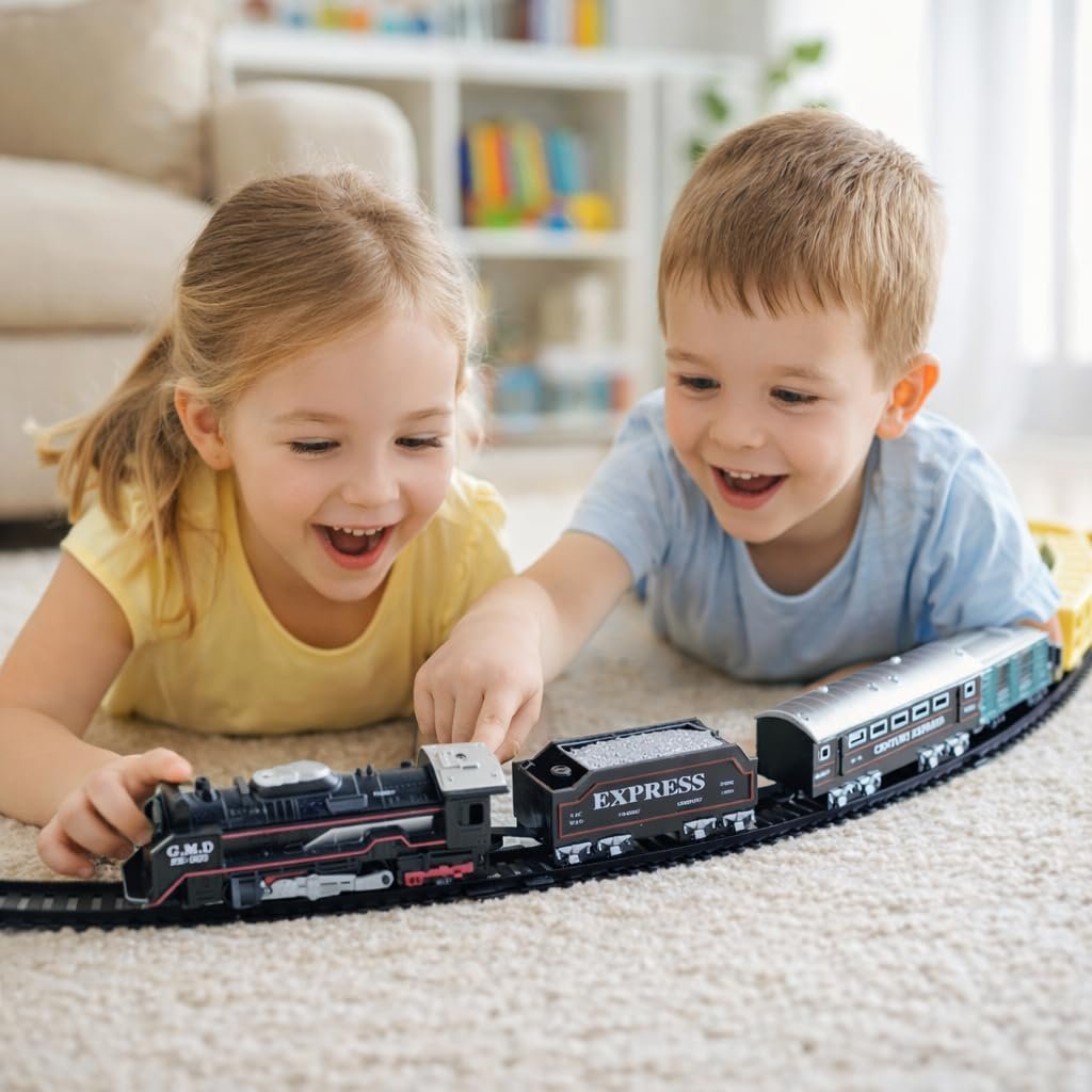 Braintastic Battery Operated Toy Train Set with Engine, 1 Locomotive,14 Sets of Tracks,1 Boxer and1 Passenger Car Railway-19 Pcs, Medium Size with Headlight