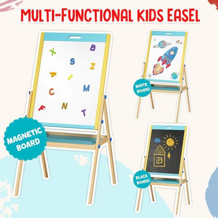 Braintastic Kids Wooden Double-Sided Magnetic Easel Board, 3-in-1 Chalkboard and Whiteboard, with Alphabet Letters, Marker, Chalk, Duster, 99 cm, for Ages 3 Years and Above (Blue)
