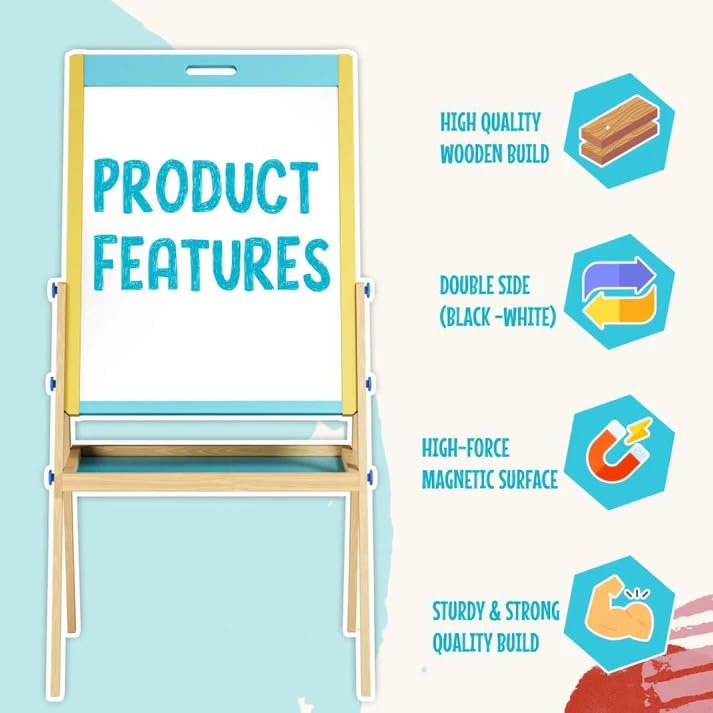 Braintastic Kids Wooden Double-Sided Magnetic Easel Board, 3-in-1 Chalkboard and Whiteboard, with Alphabet Letters, Marker, Chalk, Duster, 99 cm, for Ages 3 Years and Above (Blue)