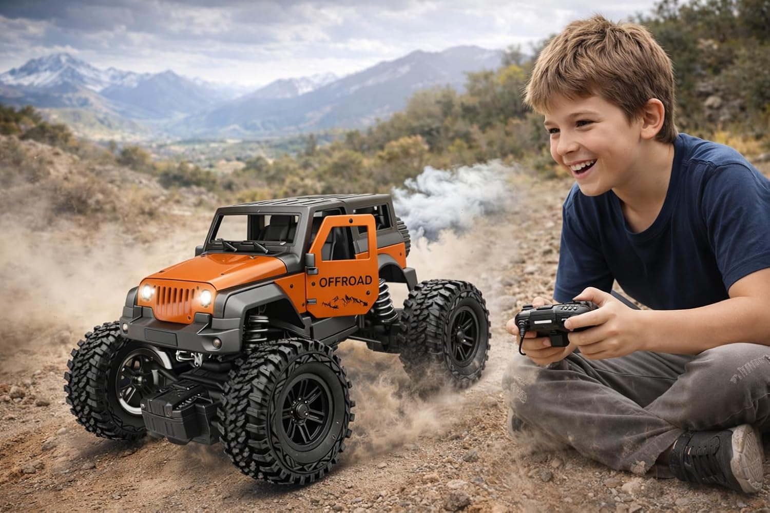 Braintastic Remote Control Thar Rock Climbing Car for Kids | Rechargeable Off Road Jeep Toy with Mist Spray Lights Music | 4x4 RC Stunt Vehicle Gift for Boys Girls Outdoor Play (Orange)