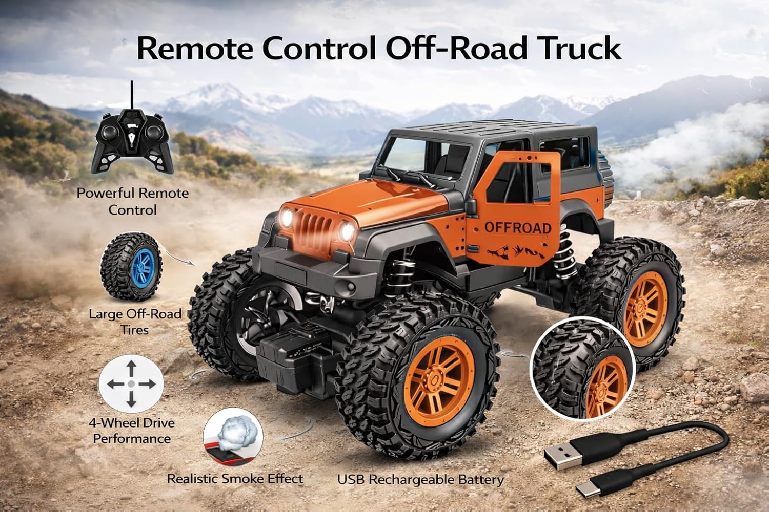 Braintastic Remote Control Thar Rock Climbing Car for Kids | Rechargeable Off Road Jeep Toy with Mist Spray Lights Music | 4x4 RC Stunt Vehicle Gift for Boys Girls Outdoor Play (Orange)