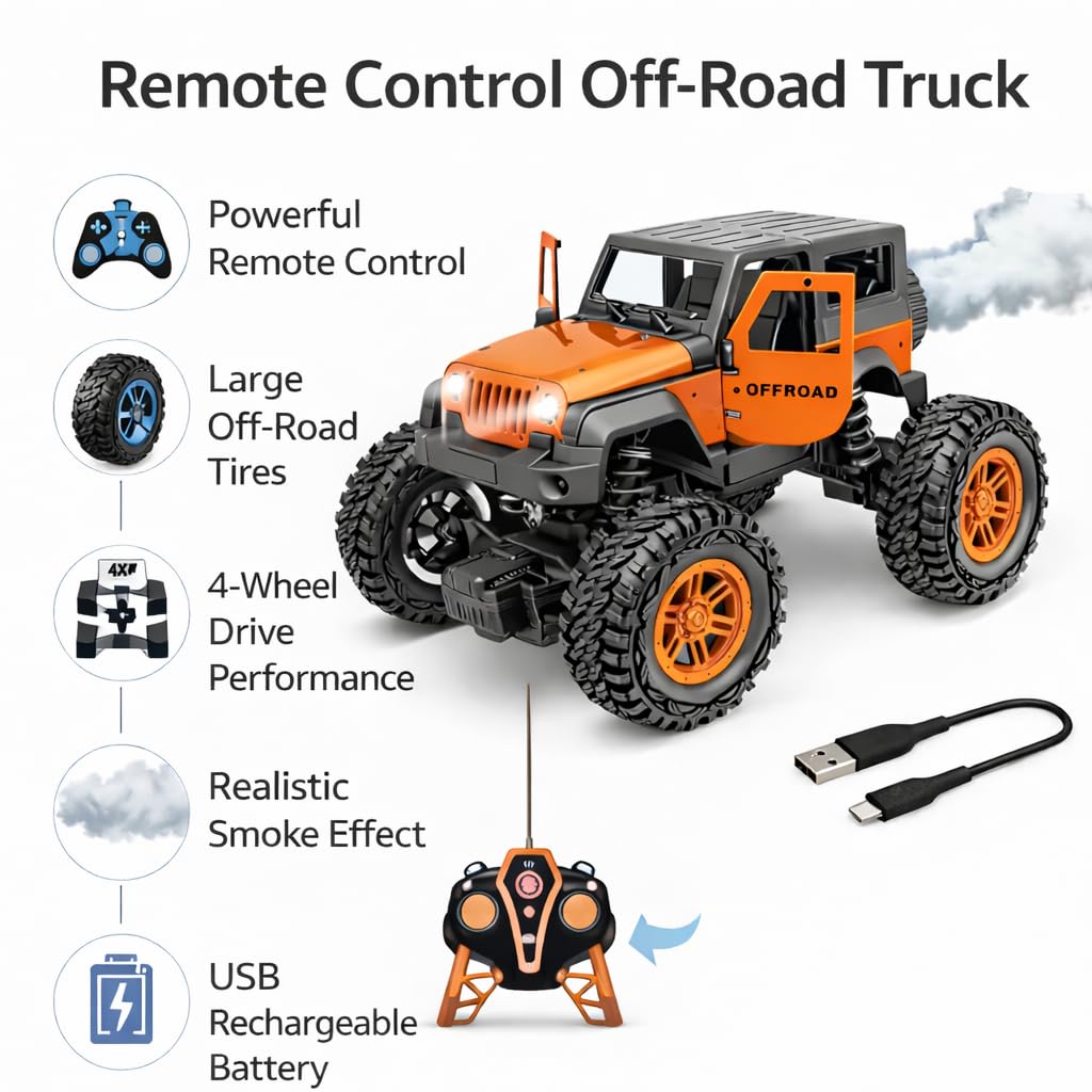 Braintastic Remote Control Thar Rock Climbing Car for Kids | Rechargeable Off Road Jeep Toy with Mist Spray Lights Music | 4x4 RC Stunt Vehicle Gift for Boys Girls Outdoor Play (Orange)