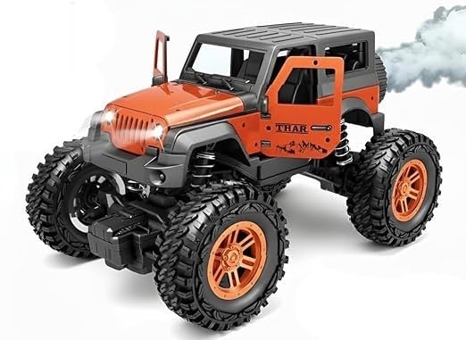 Braintastic Remote Control Thar Rock Climbing Car for Kids | Rechargeable Off Road Jeep Toy with Mist Spray Lights Music | 4x4 RC Stunt Vehicle Gift for Boys Girls Outdoor Play (Orange)