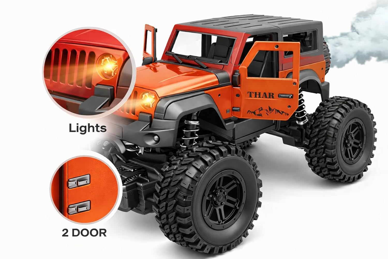 Braintastic Remote Control Thar Rock Climbing Car for Kids | Rechargeable Off Road Jeep Toy with Mist Spray Lights Music | 4x4 RC Stunt Vehicle Gift for Boys Girls Outdoor Play (Orange)