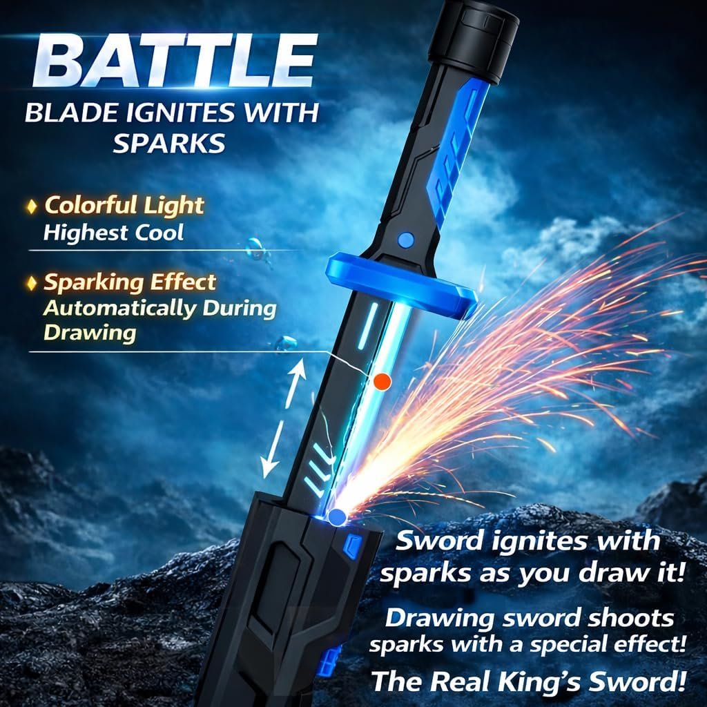 Braintastic LED Light Up Toy Sword with Scabbard, RGB Colour Changing Glowing Blade, Sparking Effect on Draw, USB Type-C Rechargeable, for Kids