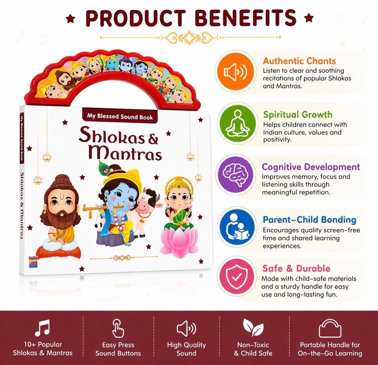 Braintastic Kids Shlokas & Mantras Sound Book with Audio, Hindu Devotional Learning Book for Children, Interactive Musical Book for Early Learning(My Blessed Sound Book)