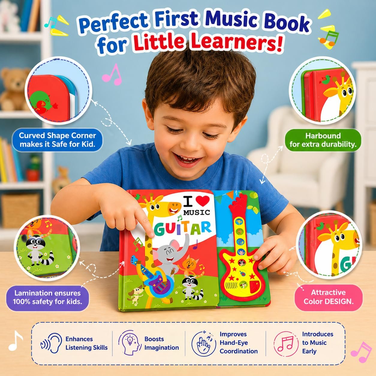 Braintastic I Love Music Guitar Sound Book for Kids – Interactive Musical Learning Toy with Guitar Buttons | Educational Sound Book for Toddlers & Preschool Children