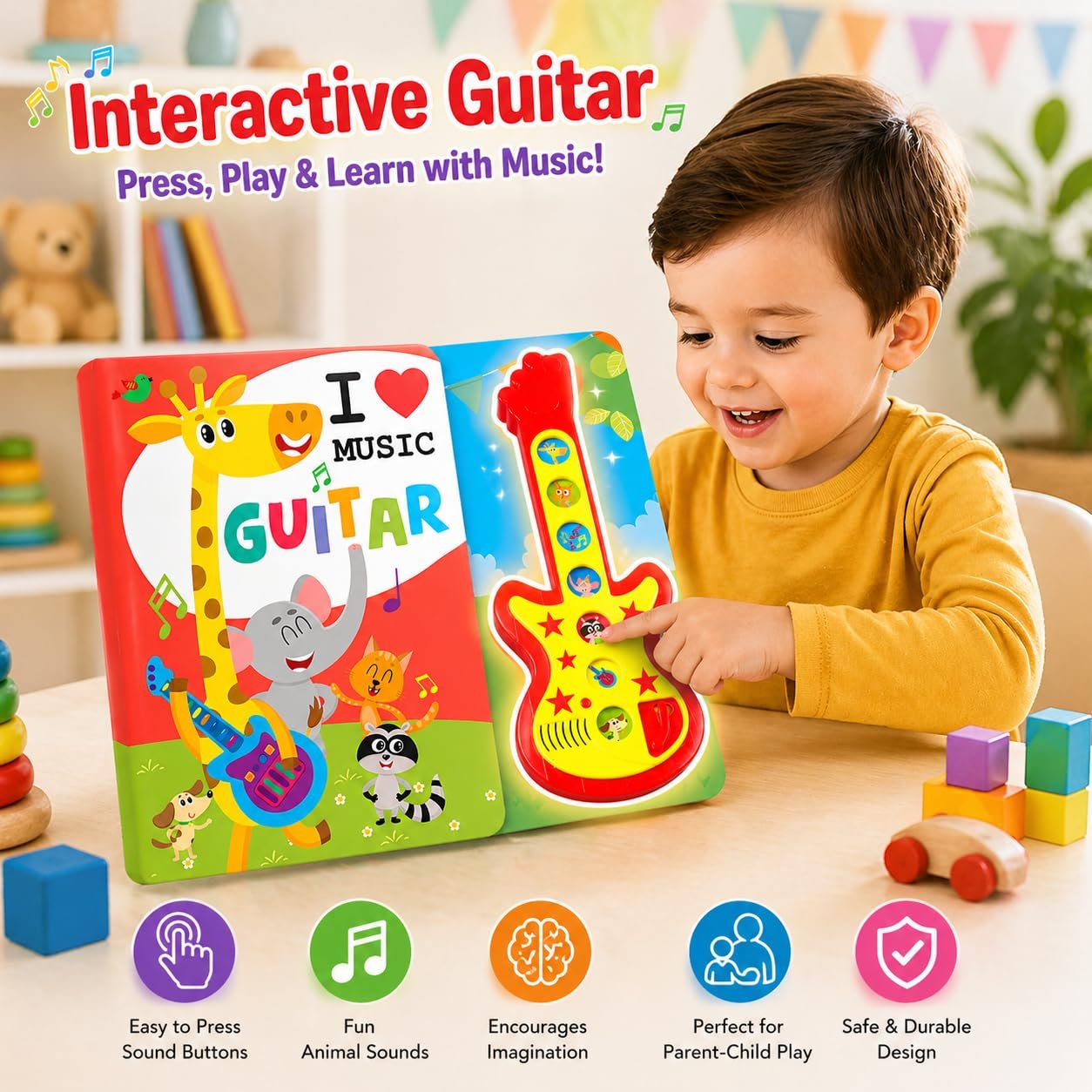 Braintastic I Love Music Guitar Sound Book for Kids – Interactive Musical Learning Toy with Guitar Buttons | Educational Sound Book for Toddlers & Preschool Children