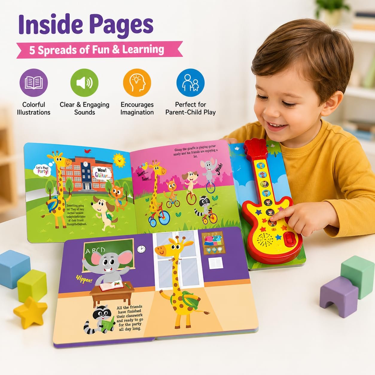 Braintastic I Love Music Guitar Sound Book for Kids – Interactive Musical Learning Toy with Guitar Buttons | Educational Sound Book for Toddlers & Preschool Children