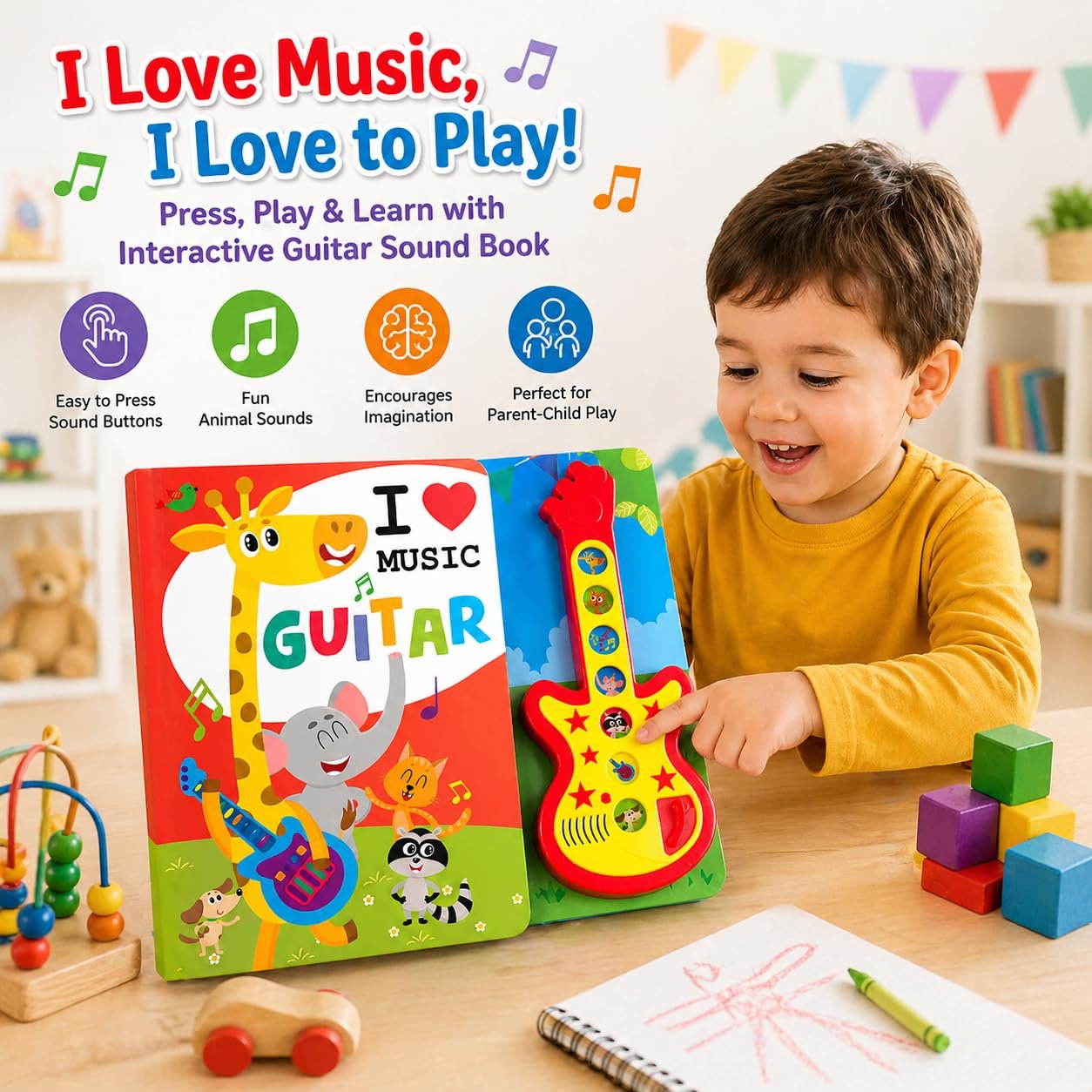 Braintastic I Love Music Guitar Sound Book for Kids – Interactive Musical Learning Toy with Guitar Buttons | Educational Sound Book for Toddlers & Preschool Children