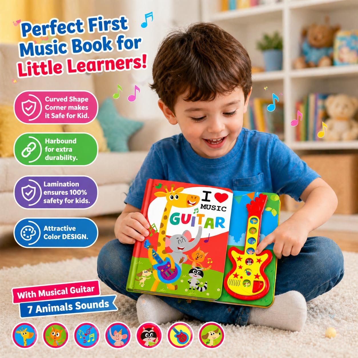 Braintastic I Love Music Guitar Sound Book for Kids – Interactive Musical Learning Toy with Guitar Buttons | Educational Sound Book for Toddlers & Preschool Children