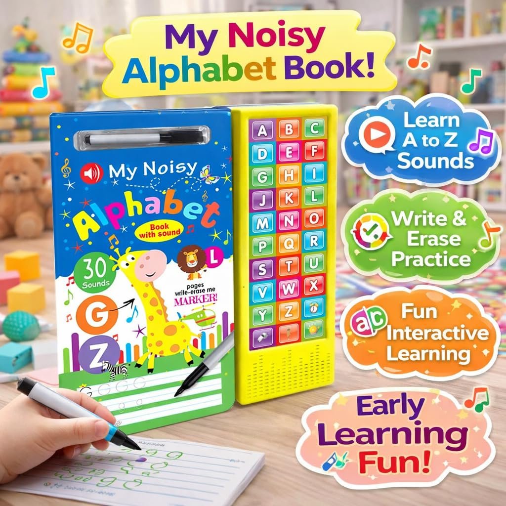 Braintastic My Noisy Alphabet Book with Sound & Write-Erase Marker – ABC Learning Sound Book for Kids | 30 Sounds Educational Toy | Interactive Early Learning Book for Toddlers & Preschool Children