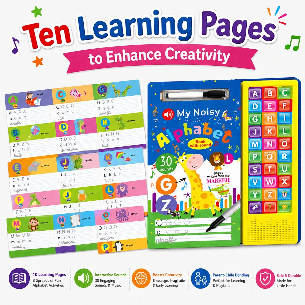 Braintastic My Noisy Alphabet Book with Sound & Write-Erase Marker – ABC Learning Sound Book for Kids | 30 Sounds Educational Toy | Interactive Early Learning Book for Toddlers & Preschool Children