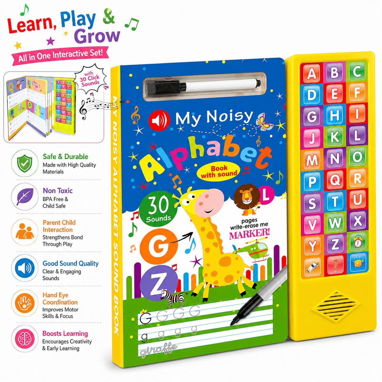 Braintastic My Noisy Alphabet Book with Sound & Write-Erase Marker – ABC Learning Sound Book for Kids | 30 Sounds Educational Toy | Interactive Early Learning Book for Toddlers & Preschool Children